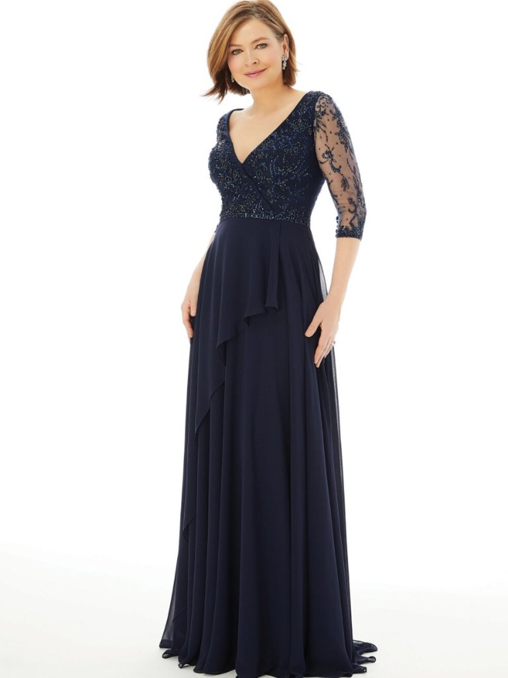 Navy Long Sleeve Beaded Mother of the Bride Gown MGNY 72208